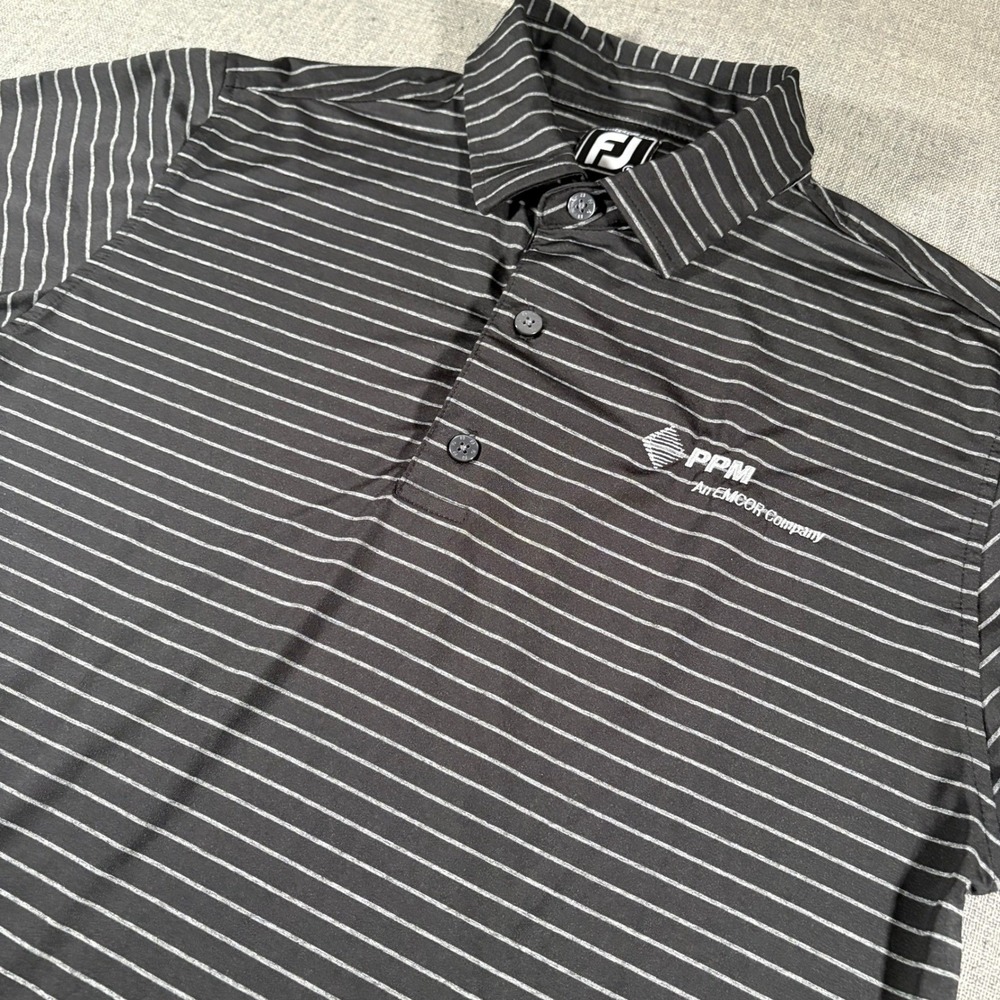 FootJoy Polo Shirt Mens Medium Black Striped Athletic Fit Short Sleeve Golf Logo